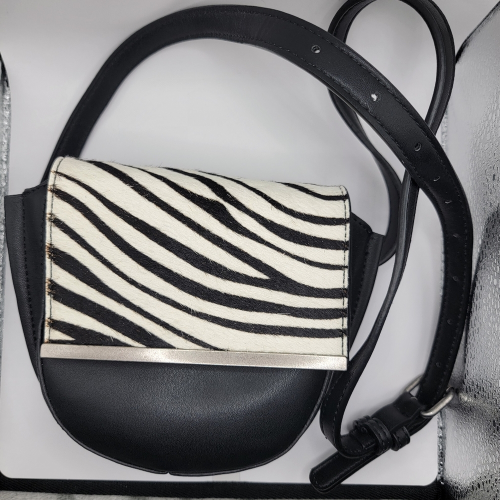 Sam Edelman Jasmine Zebra Print Shoulder or Belt Bag Black White Calf Hair